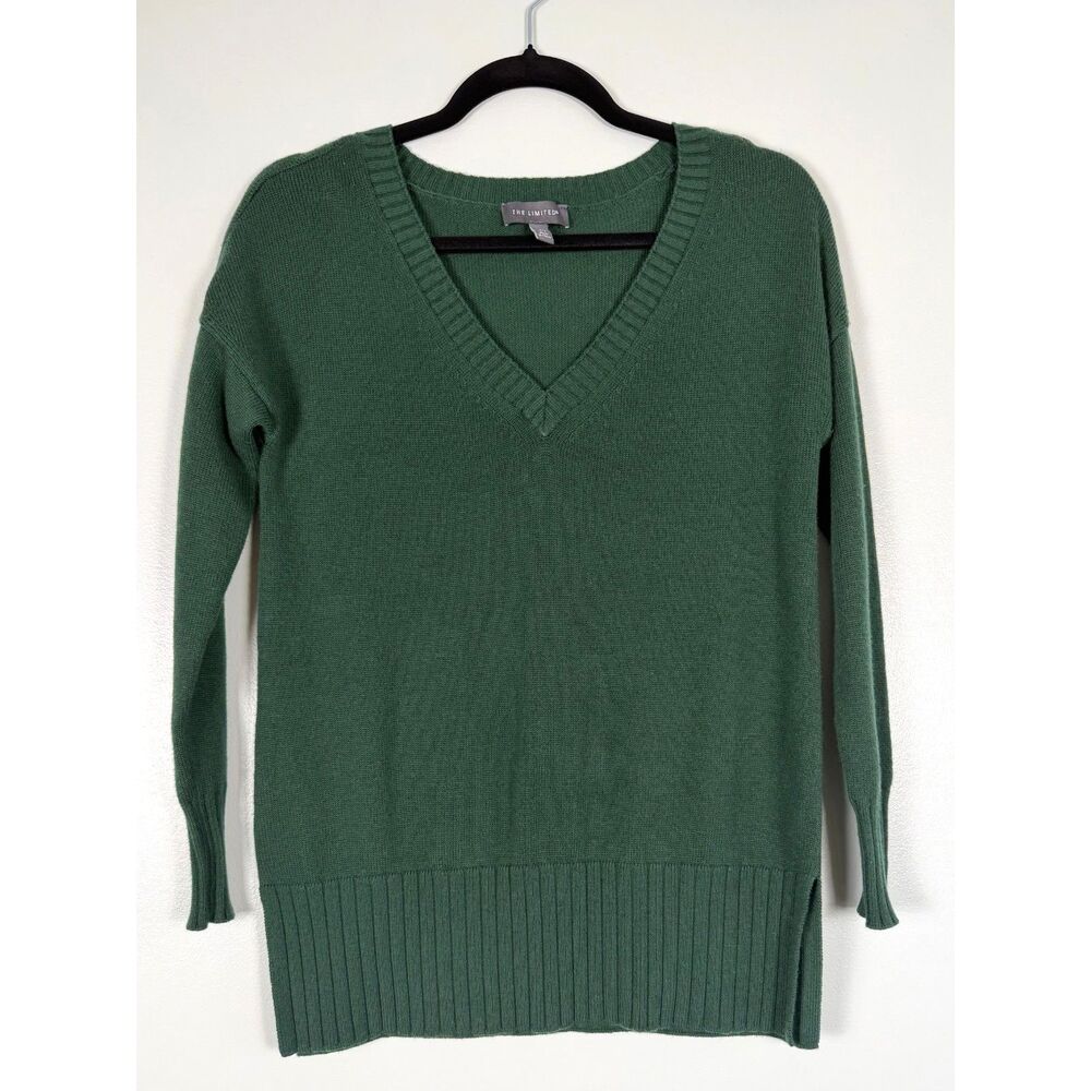 The Limited Sweater XS Green V Neck Cashmere Blend Side Slit Knit